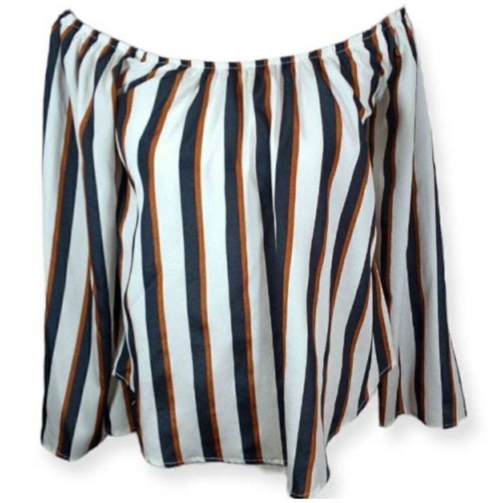 RUE 21 NAVY, COPPER, & WHITE OFF-THE-SHOULDER BLOUSE SZ.M EUC.